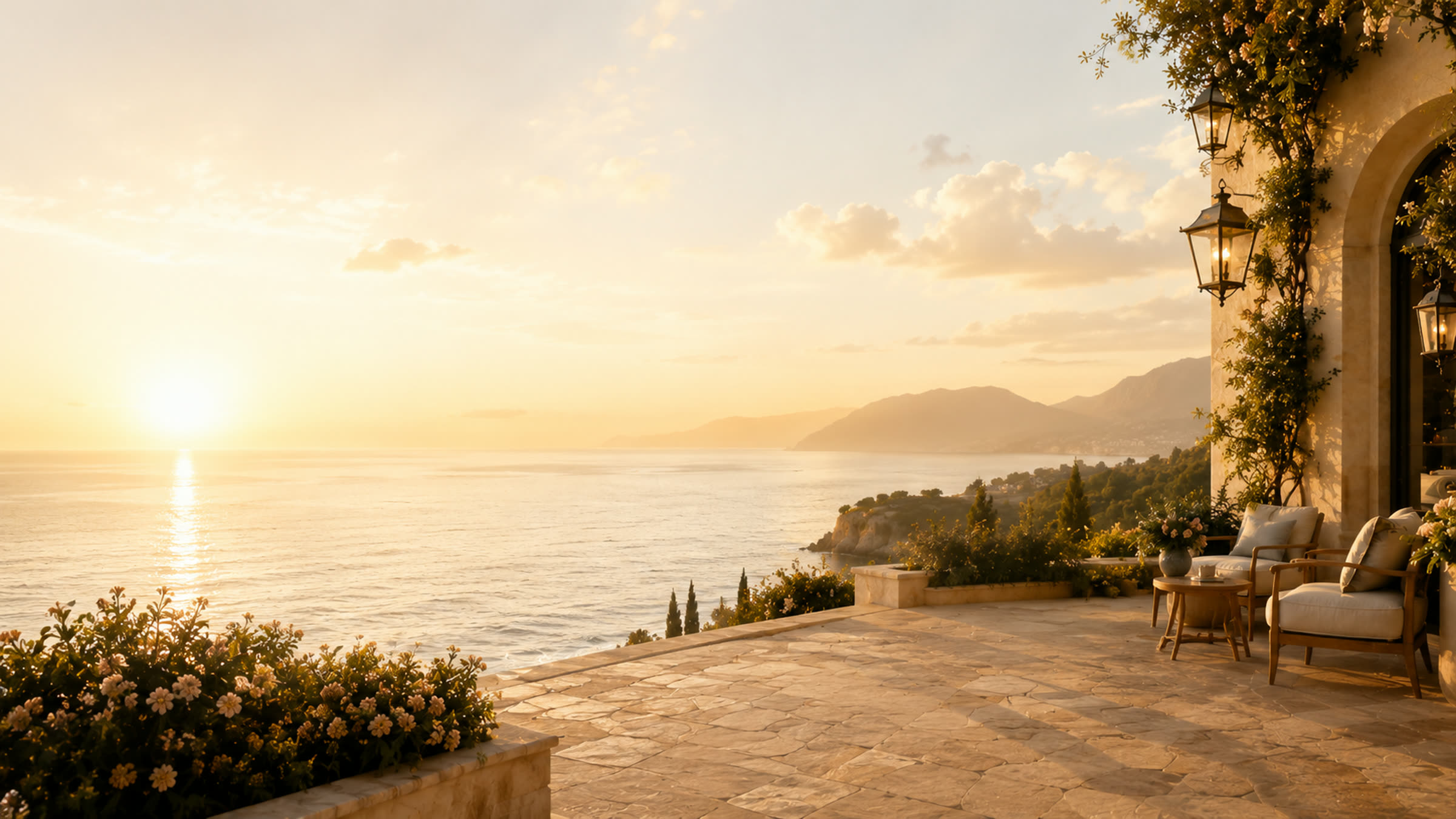 Golden-hour coastline with sea cliffs and a luxury terrace